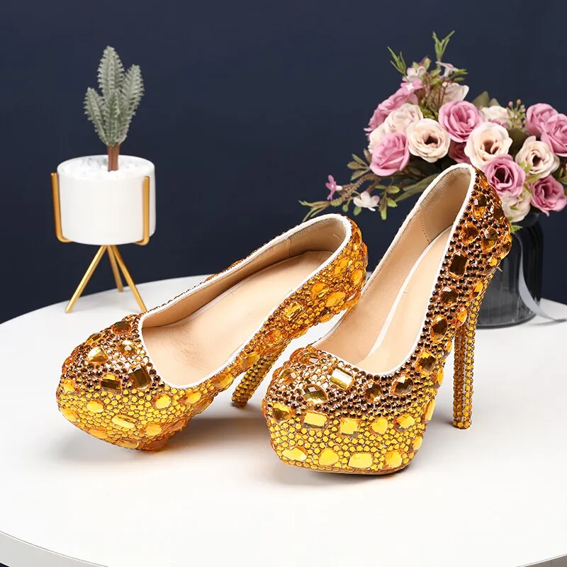 Bling crystal Wedding  shoes Closed toe women's high heels