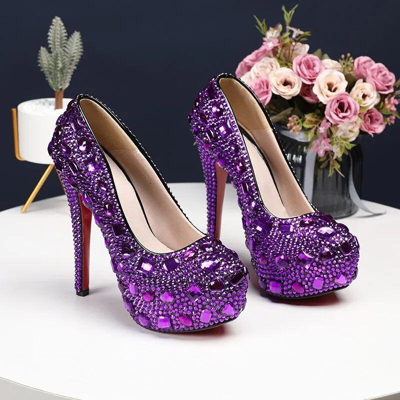 Bling crystal Wedding  shoes Closed toe women's high heels