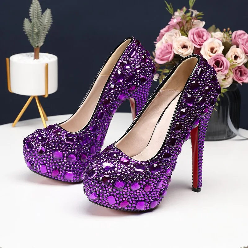 Bling crystal Wedding  shoes Closed toe women's high heels