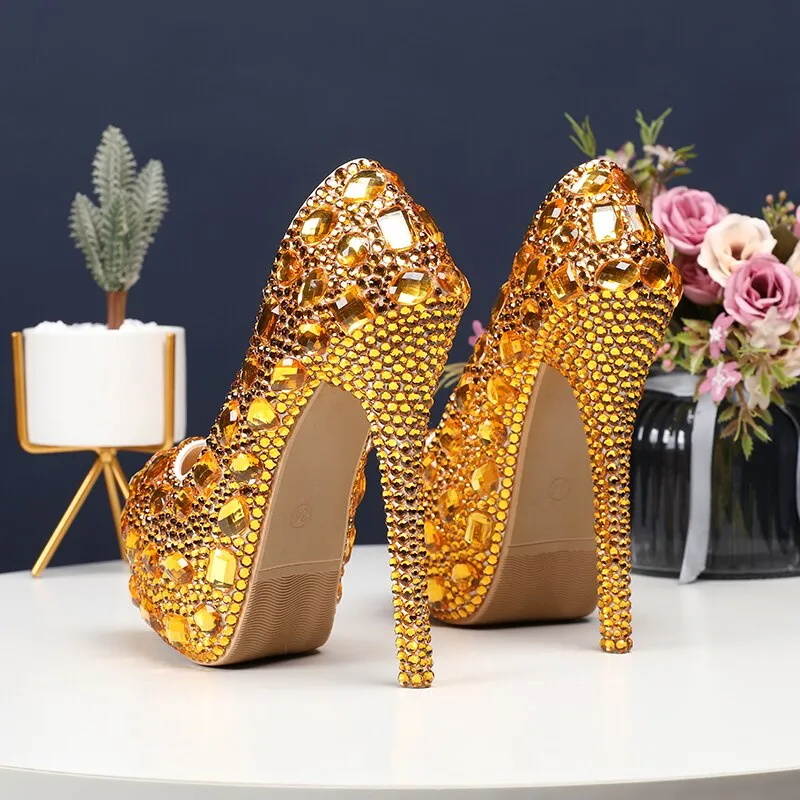Bling crystal Wedding  shoes Closed toe women's high heels