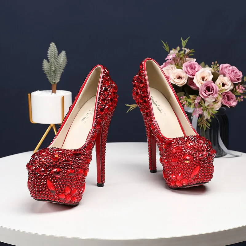 Bling crystal Wedding  shoes Closed toe women's high heels