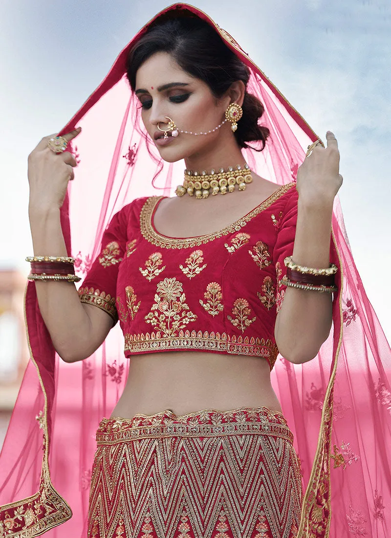 Bridal Pink Embroidered Velvet Wedding Lehenga Choli