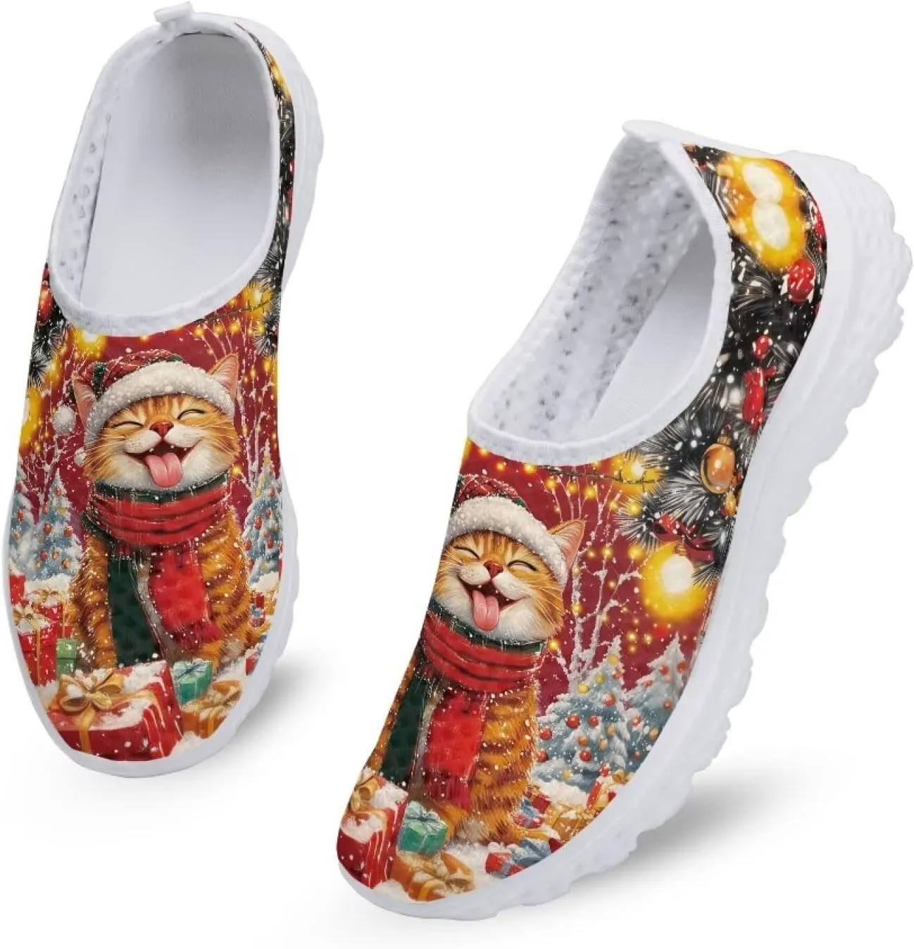 Christmas Roading Running Shoes Breathable Mesh Outdoor Walking Shoes Slip On Loafer Shoes Size 5.5-11.5