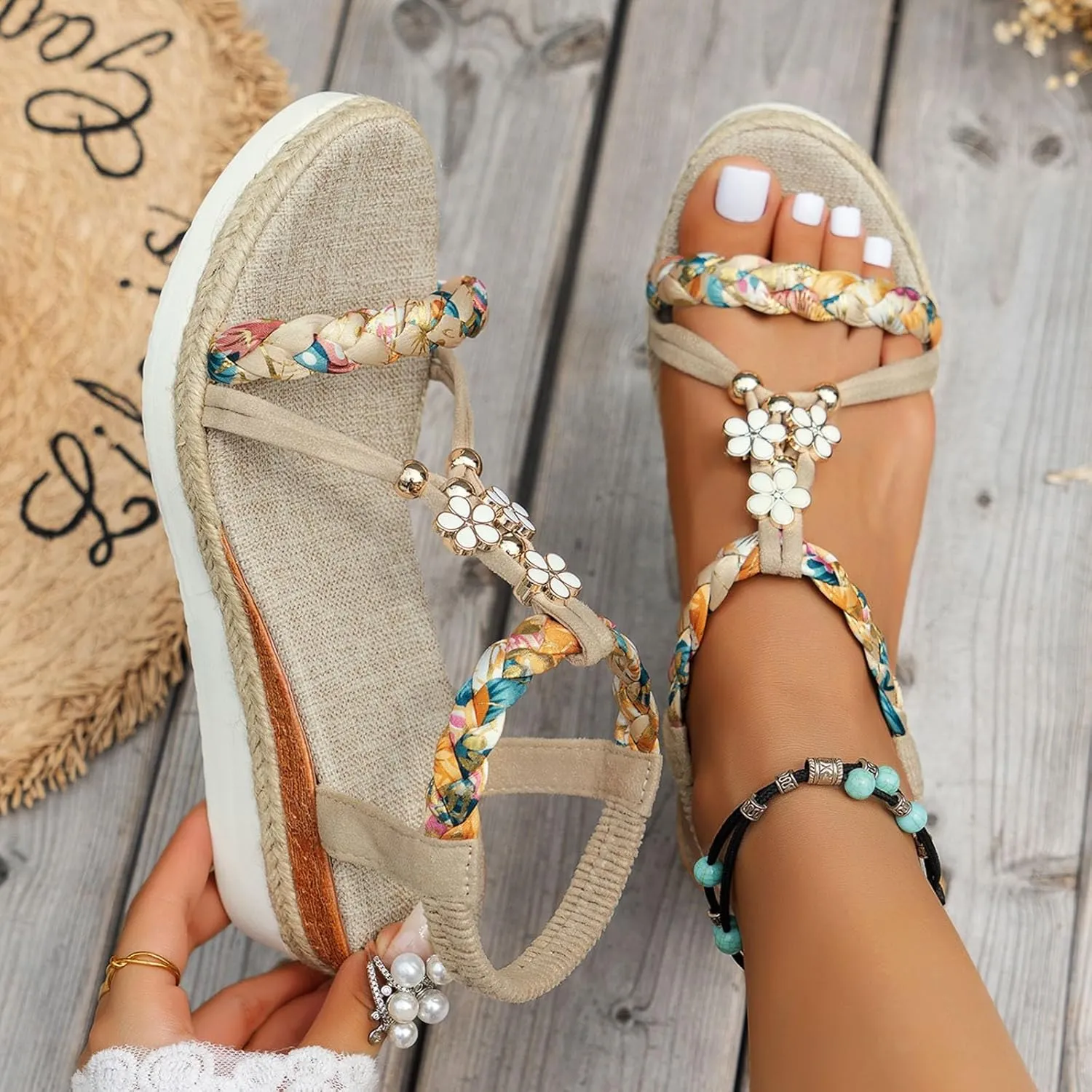 Eduavar Sandals Women Open Toe Buckle Ankle Strap Espadrilles Flatform Wedge Casual Sandal for Dressy Casual Summers Beach