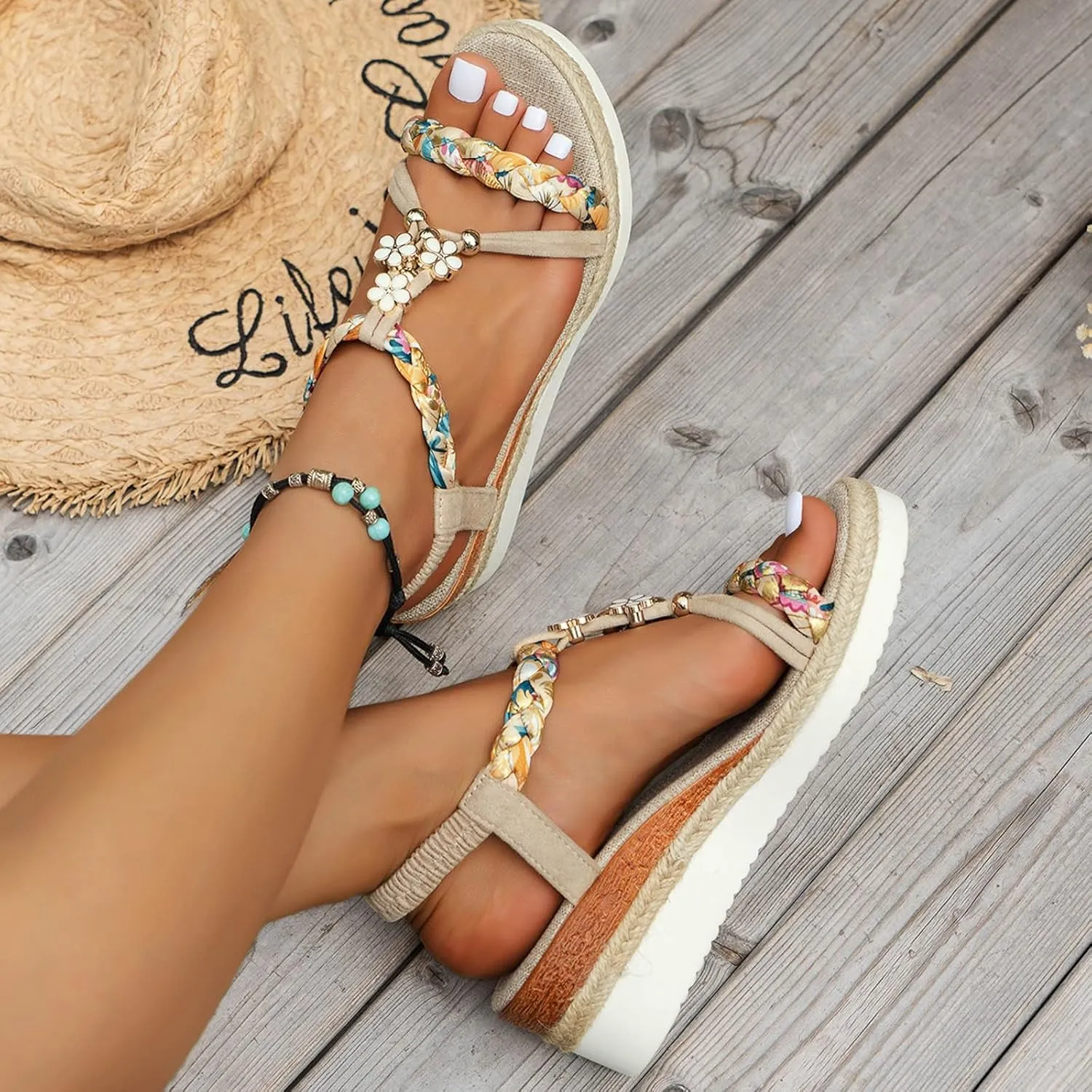 Eduavar Sandals Women Open Toe Buckle Ankle Strap Espadrilles Flatform Wedge Casual Sandal for Dressy Casual Summers Beach