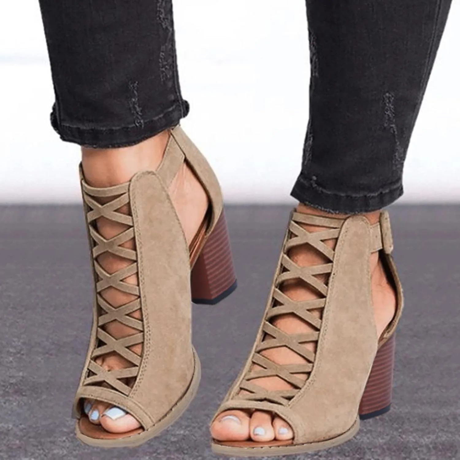 Eduavar Womens Sandals Dressy, Sandals Women Fahsoin Aran Open Toe Heel Sandal Cut Out Boots Sandals with Ankle Strap
