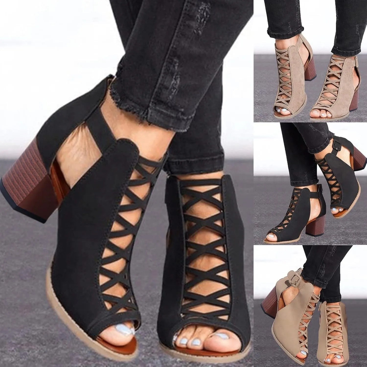 Eduavar Womens Sandals Dressy, Sandals Women Fahsoin Aran Open Toe Heel Sandal Cut Out Boots Sandals with Ankle Strap