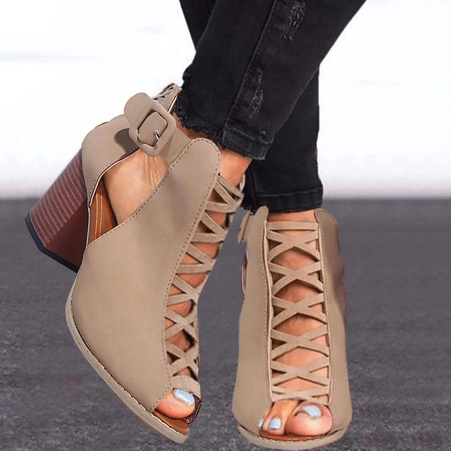 Eduavar Womens Sandals Dressy, Sandals Women Fahsoin Aran Open Toe Heel Sandal Cut Out Boots Sandals with Ankle Strap