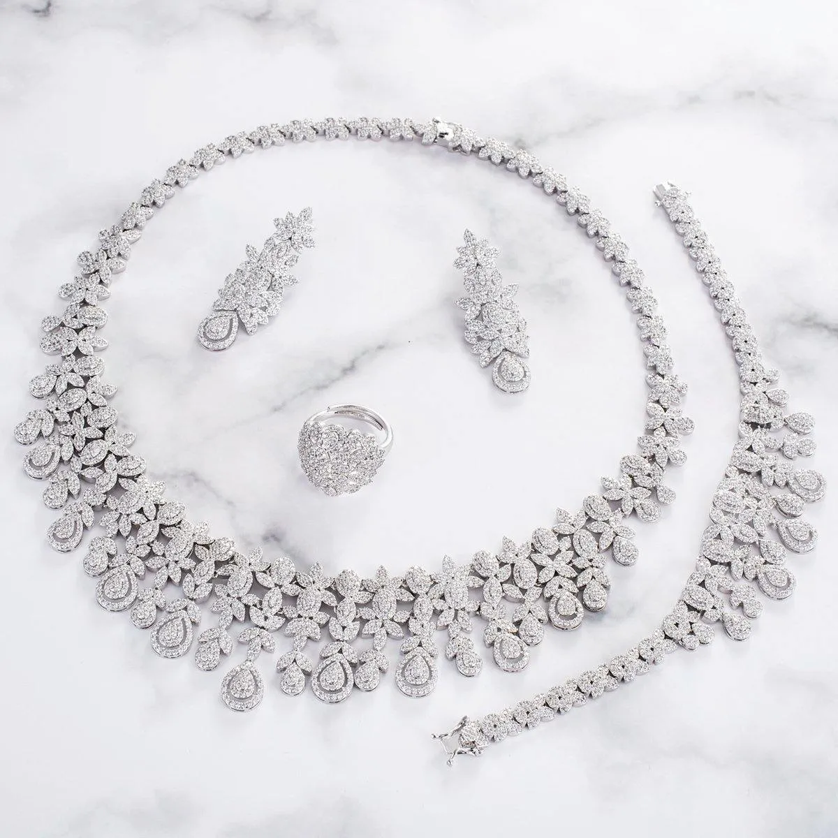 Elegant Cubic Zirconia Silver Gold Necklace Bridal Celebrant Jewellery Set Royal Design