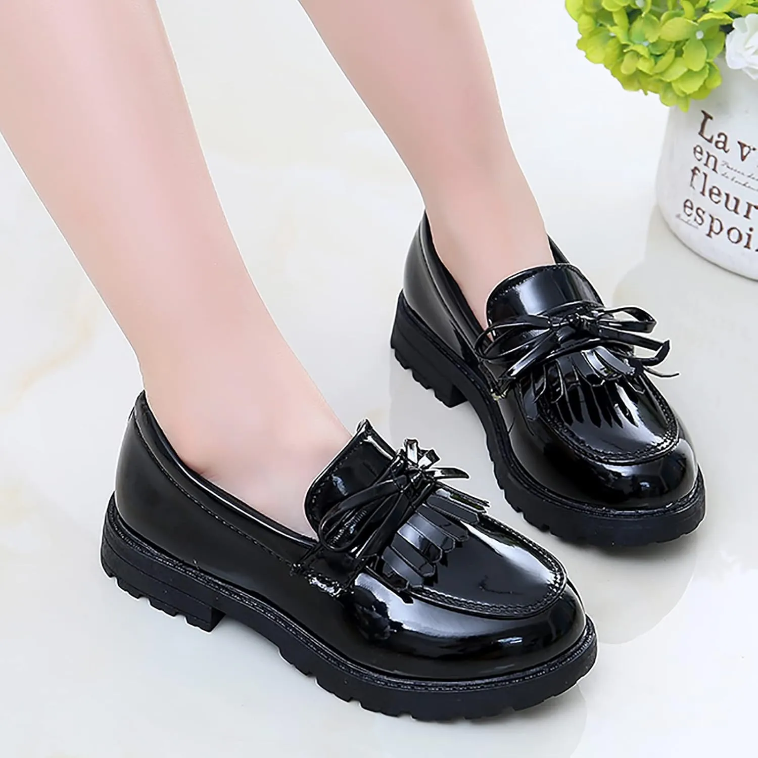 Girls Slip On Leather Loafer Tassel Bow Flats School Dress Shoes for Girls Toddler Walking Shoes (Black, 33)