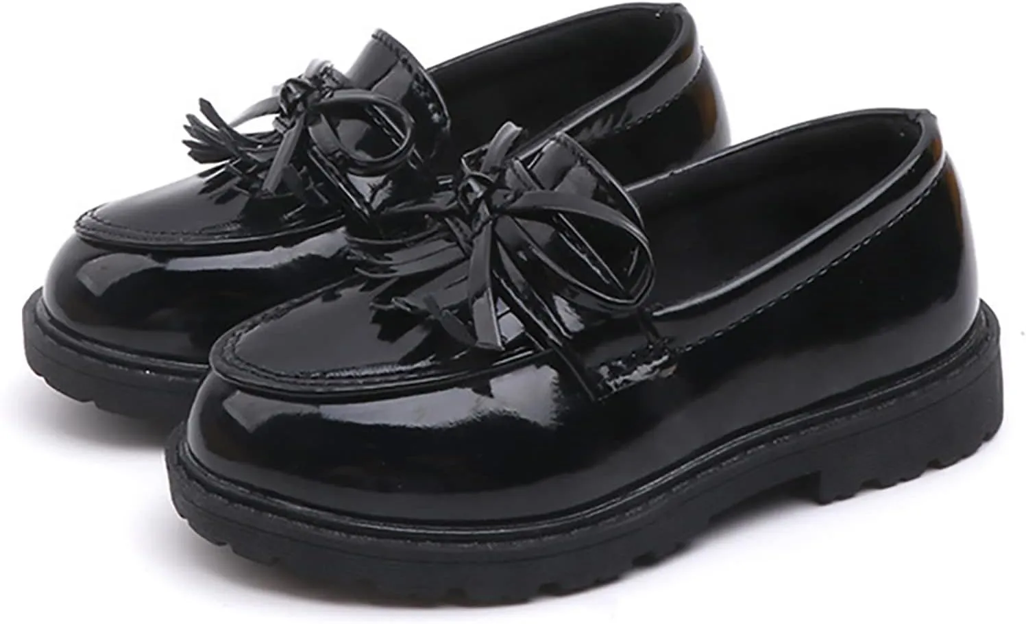 Girls Slip On Leather Loafer Tassel Bow Flats School Dress Shoes for Girls Toddler Walking Shoes (Black, 33)