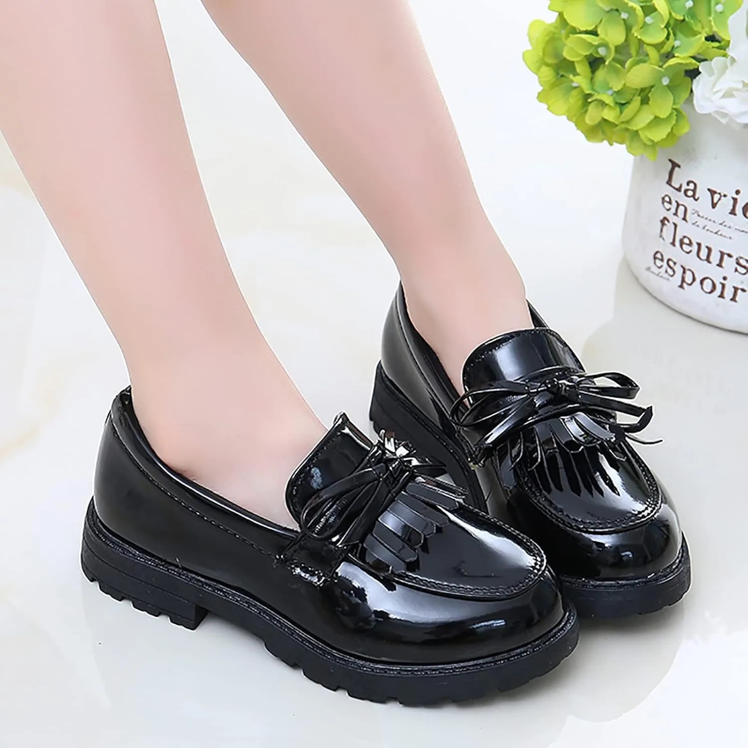 Girls Slip On Leather Loafer Tassel Bow Flats School Dress Shoes for Girls Toddler Walking Shoes (Black, 33)