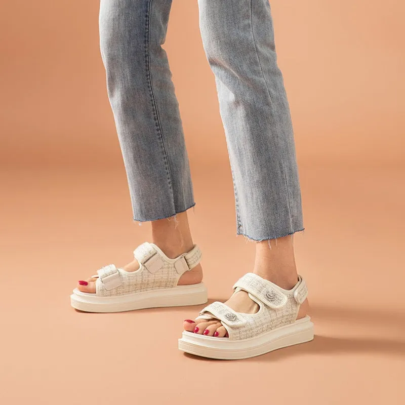 Joskaa  Platform Sandals Women Lattice Round Toe Hook Loop Plaid Cloth Summer Casual Ladies Outdoor Shoes Handmade 38161