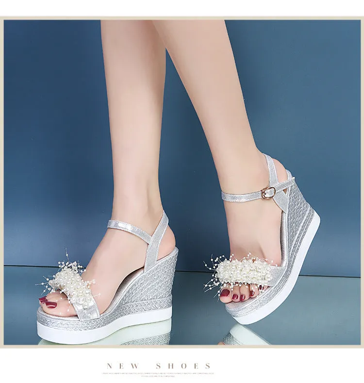 Joskaa  Size 43 Sandals Women Slope Heels High Heels Metal Lace Up Beach Pink Black Fashion Clip Toe Shoes Outdoor High-Heeled Sandals