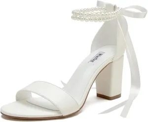 Pearl Wedding Shoes Open Toe Block Heel Wedding Sandals Chunky Heel Bridal Shoes