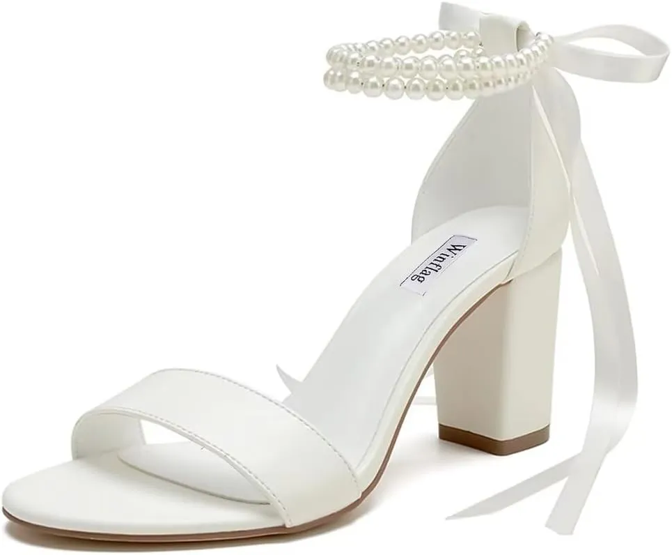 Pearl Wedding Shoes Open Toe Block Heel Wedding Sandals Chunky Heel Bridal Shoes