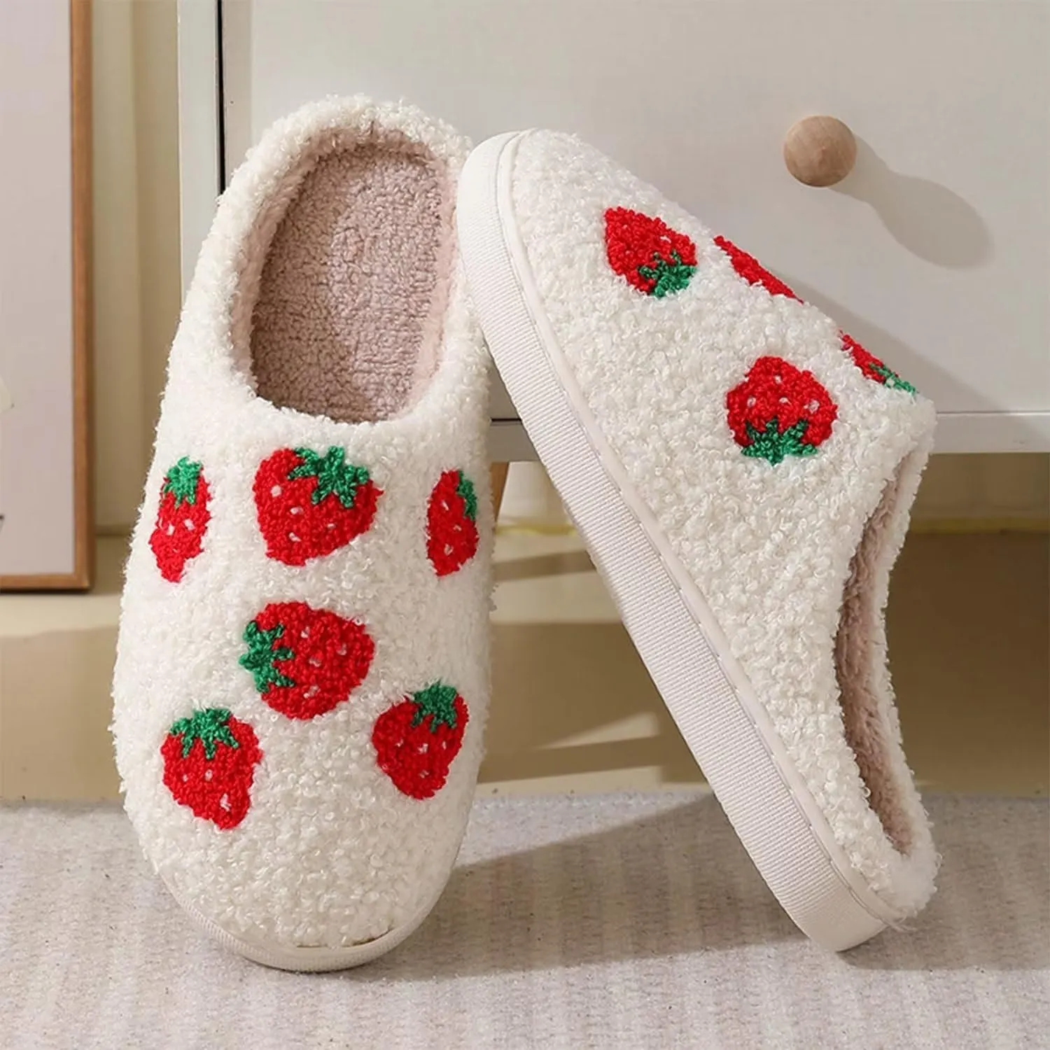 QSKPC Happy Cute Furry Bear Slippers Rainbow Cozy House Slippers Strawberry Clouds Plush Slippers Vintage Women Cowboy Boots Cowboy Hat Slippers Winter Indoor Outdoor Warm Slippers