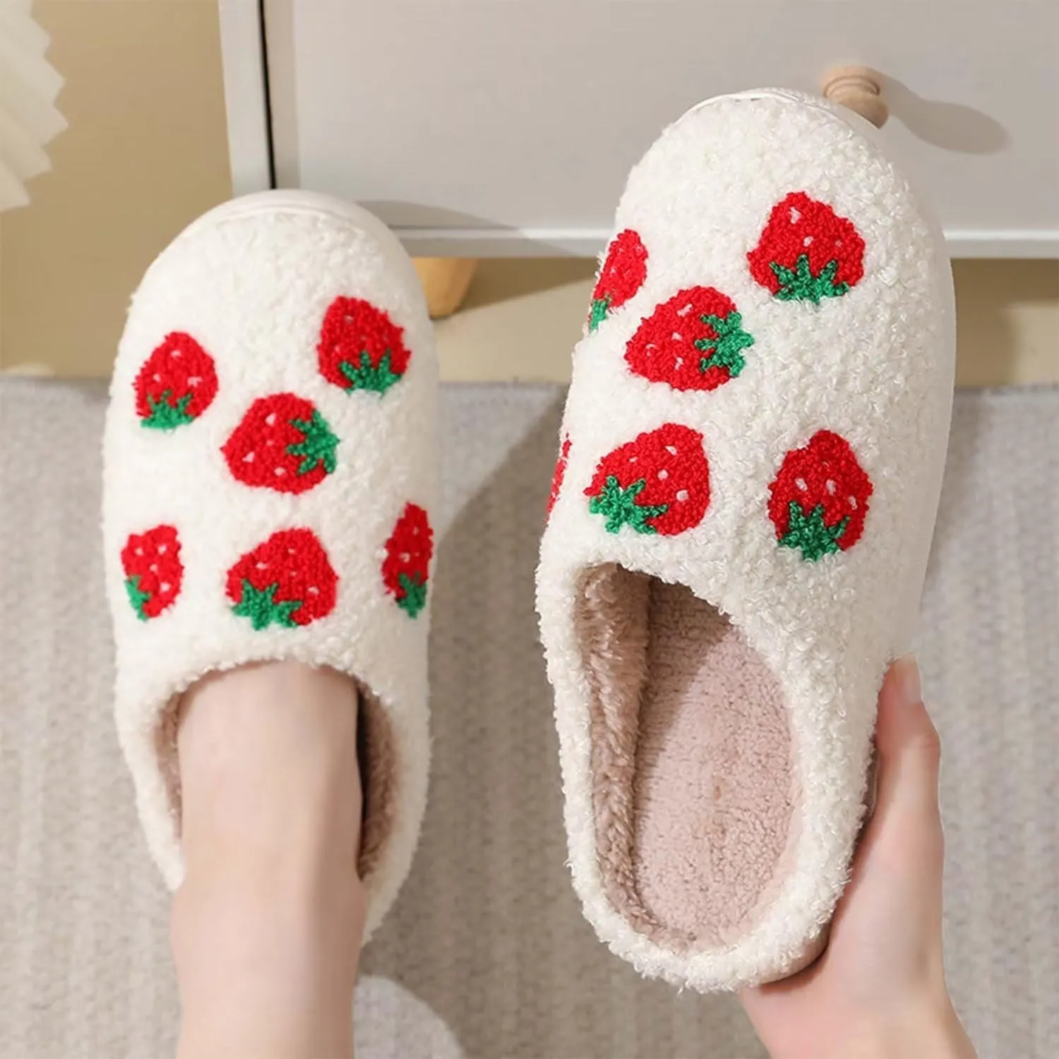 QSKPC Happy Cute Furry Bear Slippers Rainbow Cozy House Slippers Strawberry Clouds Plush Slippers Vintage Women Cowboy Boots Cowboy Hat Slippers Winter Indoor Outdoor Warm Slippers