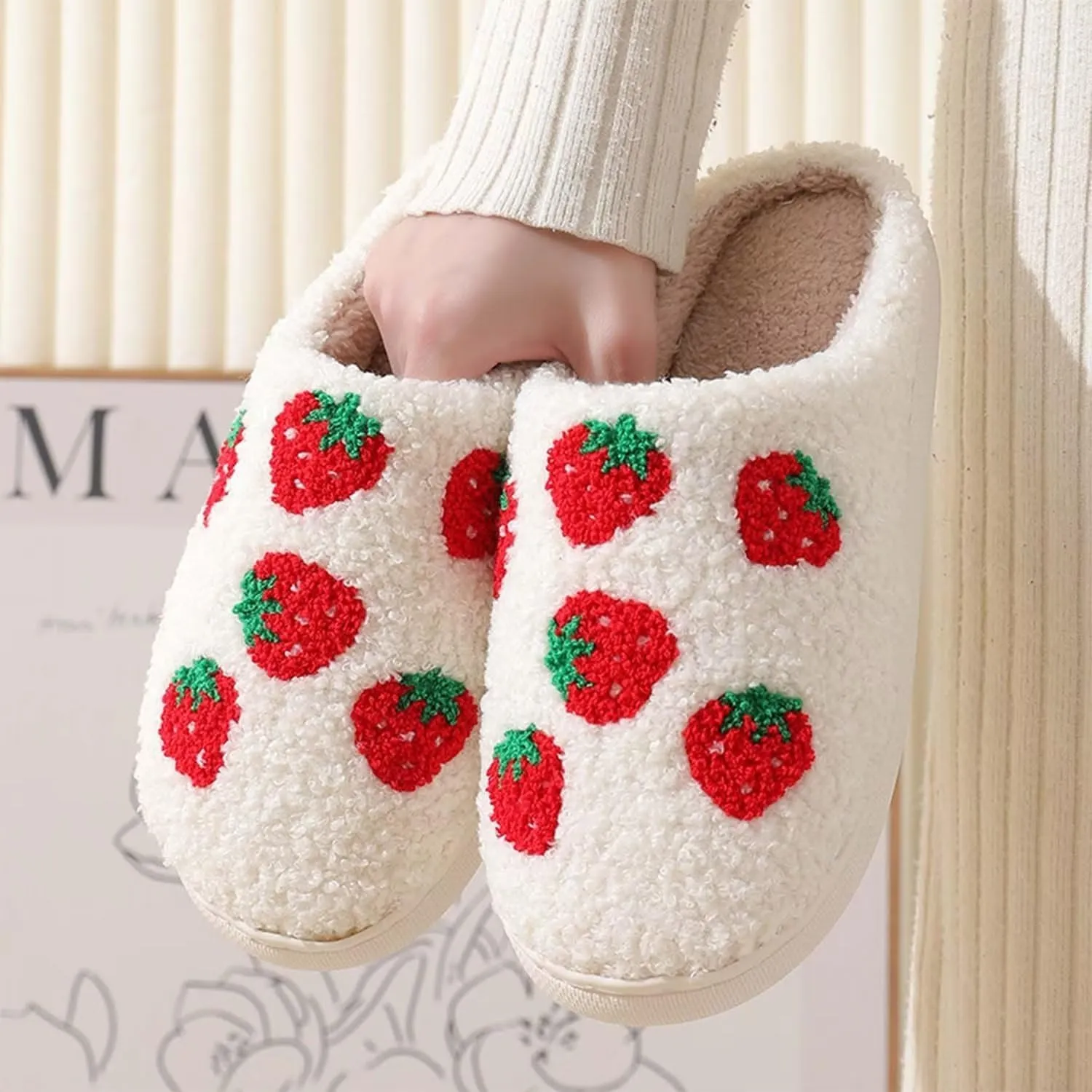 QSKPC Happy Cute Furry Bear Slippers Rainbow Cozy House Slippers Strawberry Clouds Plush Slippers Vintage Women Cowboy Boots Cowboy Hat Slippers Winter Indoor Outdoor Warm Slippers