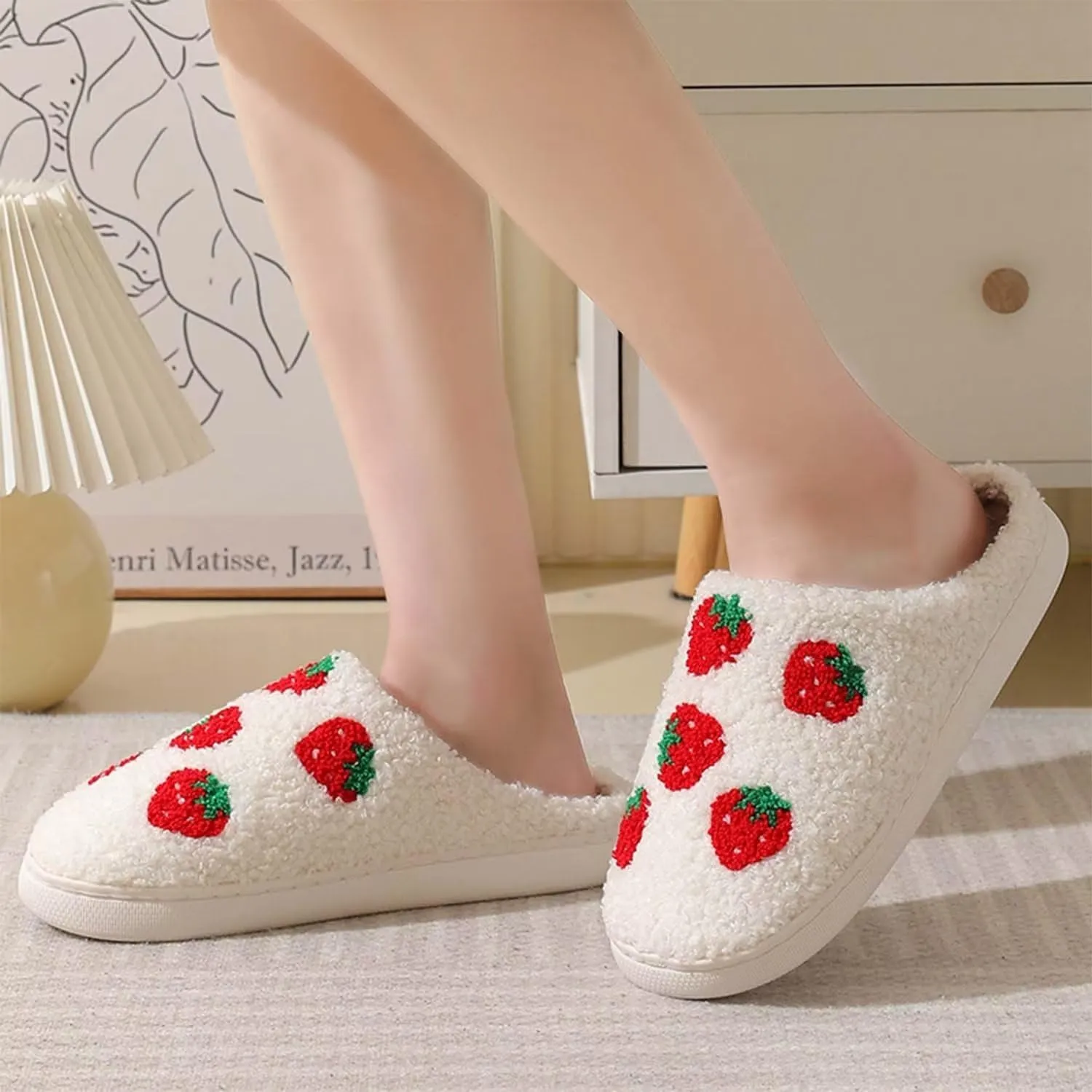 QSKPC Happy Cute Furry Bear Slippers Rainbow Cozy House Slippers Strawberry Clouds Plush Slippers Vintage Women Cowboy Boots Cowboy Hat Slippers Winter Indoor Outdoor Warm Slippers