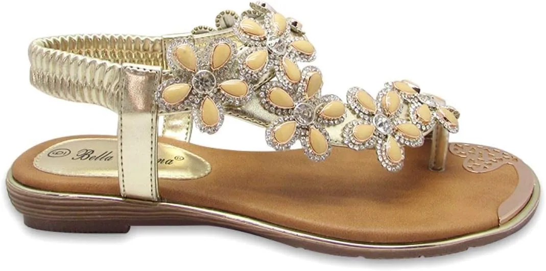 Stylish & Comfort Shoes Womens Rhinestone Flower T-Strap Rubber Band Sling Back Summer Slip On Flat Sandals