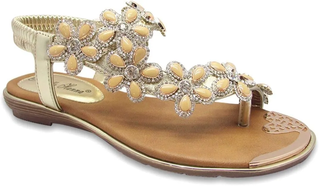 Stylish & Comfort Shoes Womens Rhinestone Flower T-Strap Rubber Band Sling Back Summer Slip On Flat Sandals