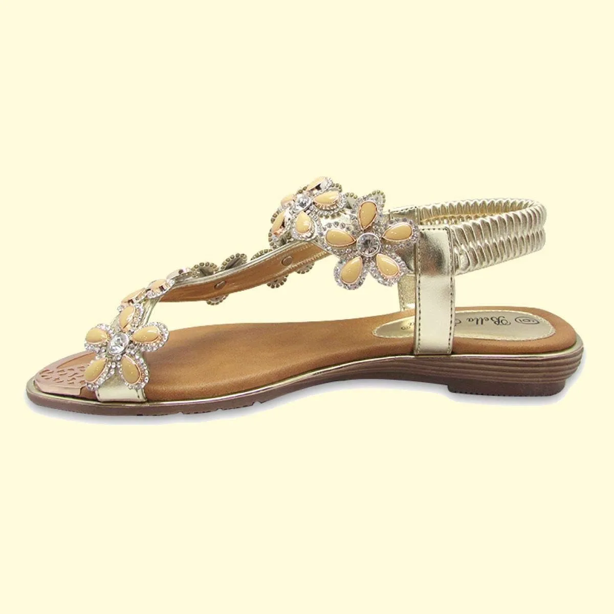 Stylish & Comfort Shoes Womens Rhinestone Flower T-Strap Rubber Band Sling Back Summer Slip On Flat Sandals
