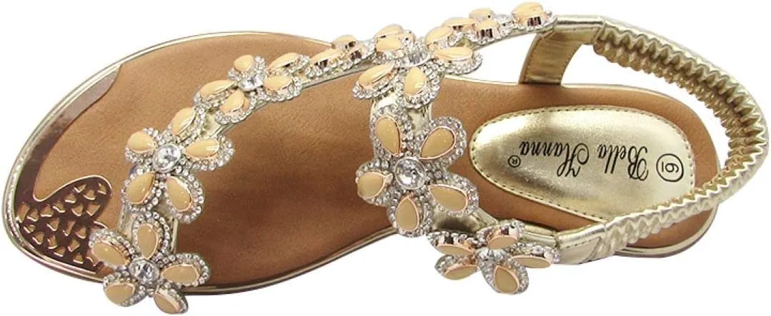 Stylish & Comfort Shoes Womens Rhinestone Flower T-Strap Rubber Band Sling Back Summer Slip On Flat Sandals