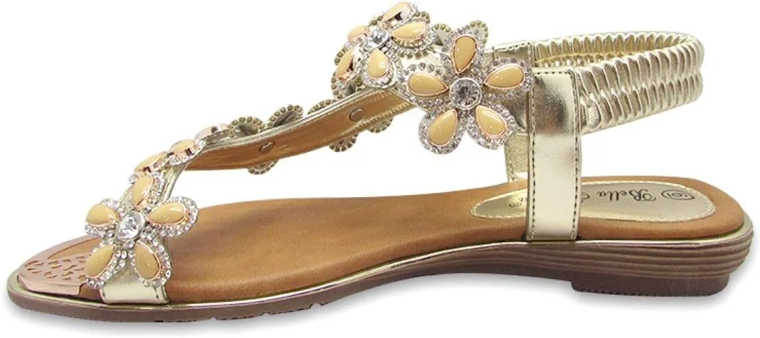 Stylish & Comfort Shoes Womens Rhinestone Flower T-Strap Rubber Band Sling Back Summer Slip On Flat Sandals