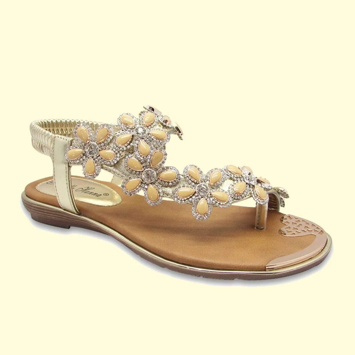 Stylish & Comfort Shoes Womens Rhinestone Flower T-Strap Rubber Band Sling Back Summer Slip On Flat Sandals