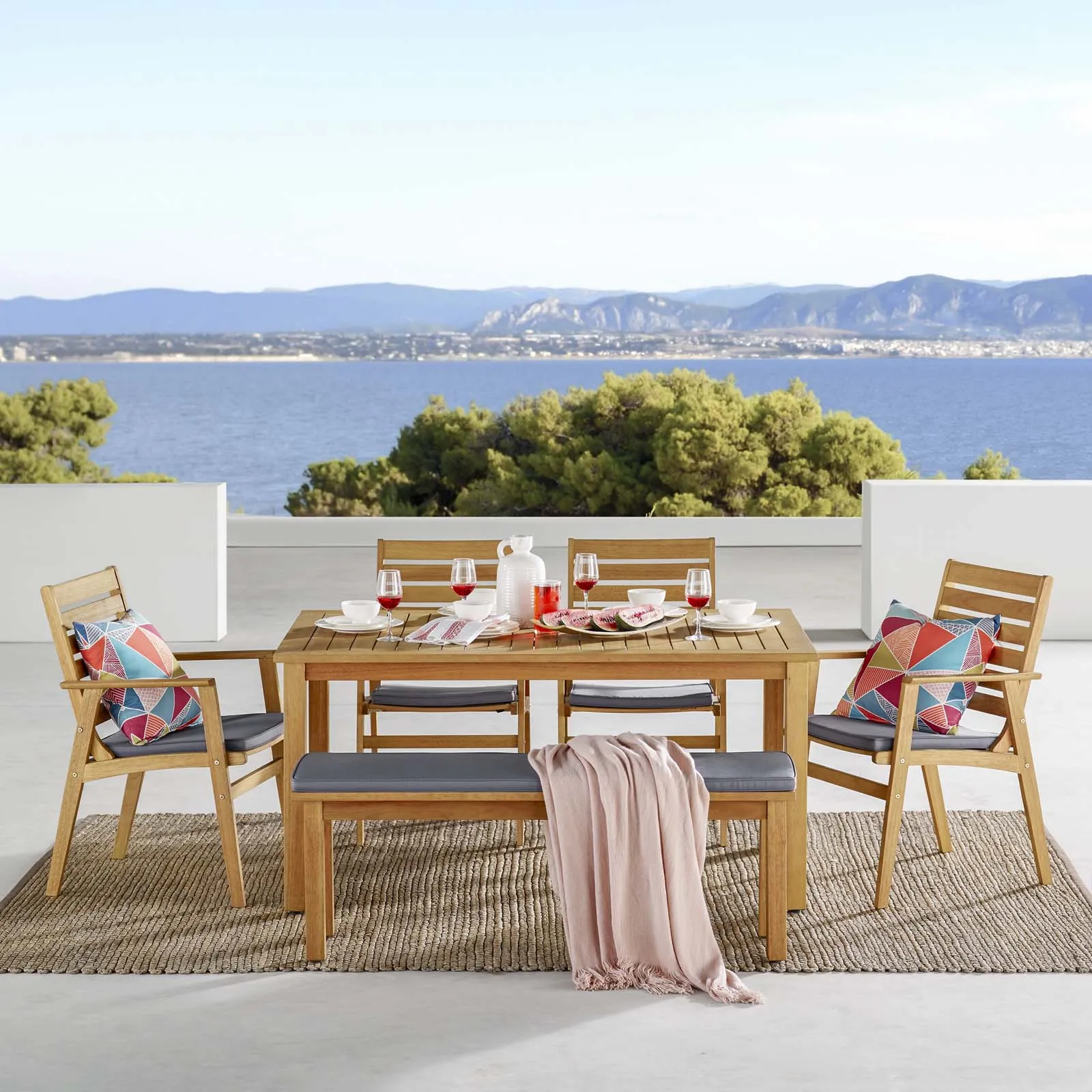 Syracuse 6 Piecce Outdoor Patio Eucalyptus Wood Dining Set in Natural Gray