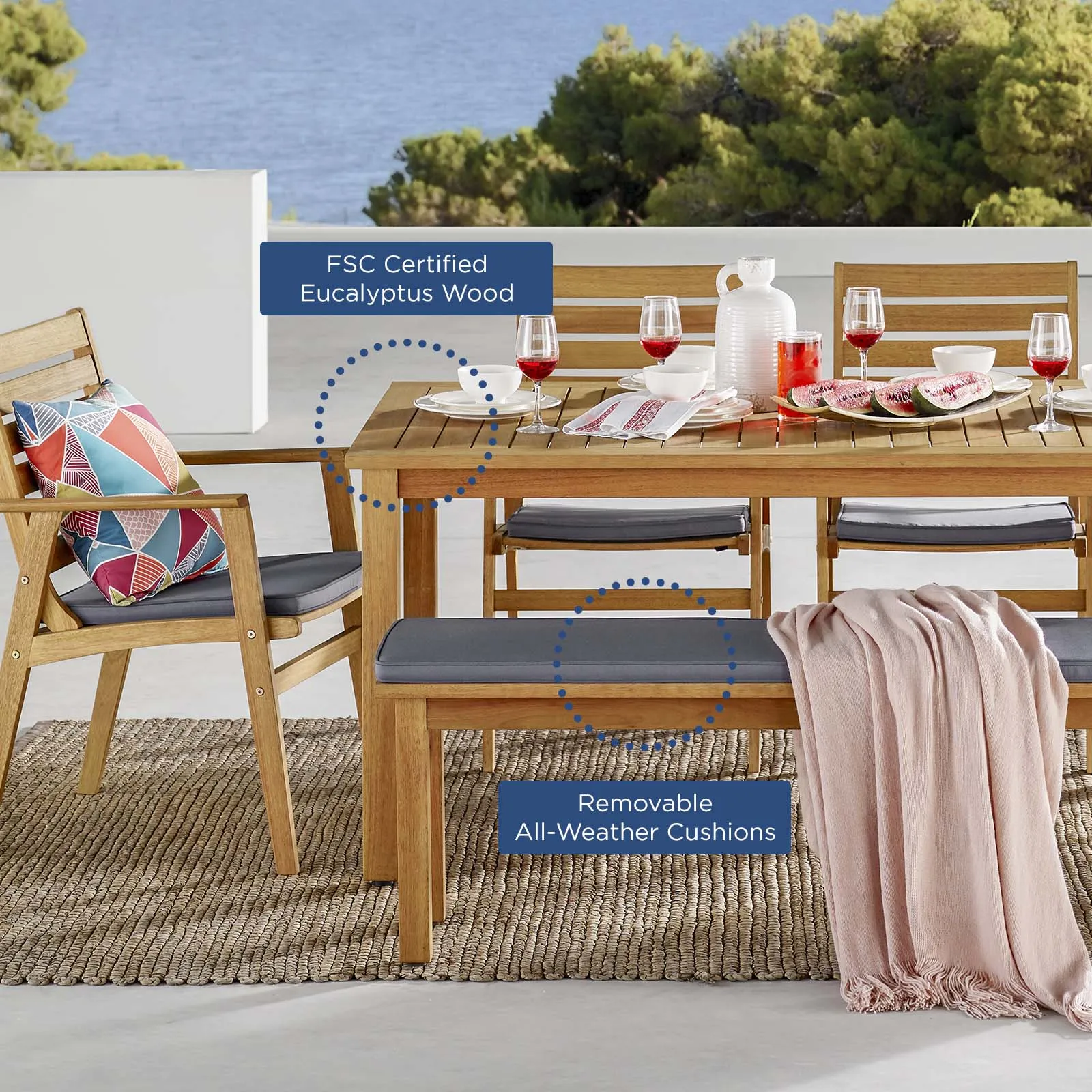 Syracuse 6 Piecce Outdoor Patio Eucalyptus Wood Dining Set in Natural Gray