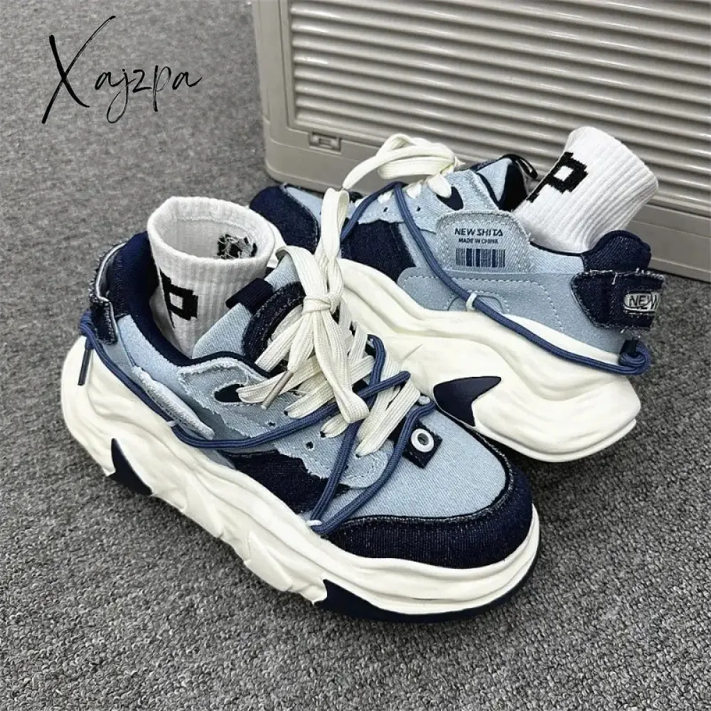 Trendy Denim Mens Sneakers Platform Student Breathable Casual Womens Chunky Shoes Designer Outdoor Couple Luxury Male Footwear