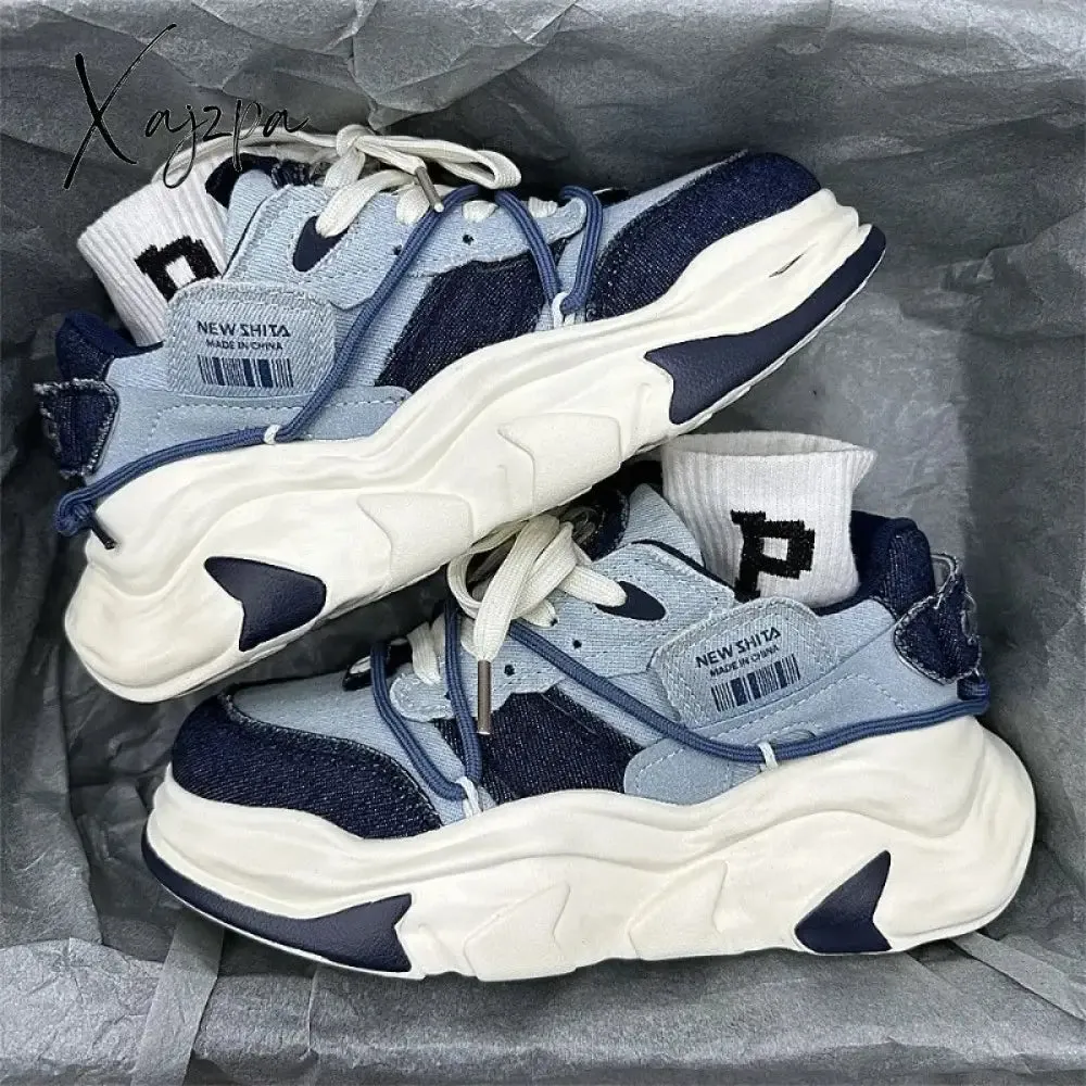 Trendy Denim Mens Sneakers Platform Student Breathable Casual Womens Chunky Shoes Designer Outdoor Couple Luxury Male Footwear