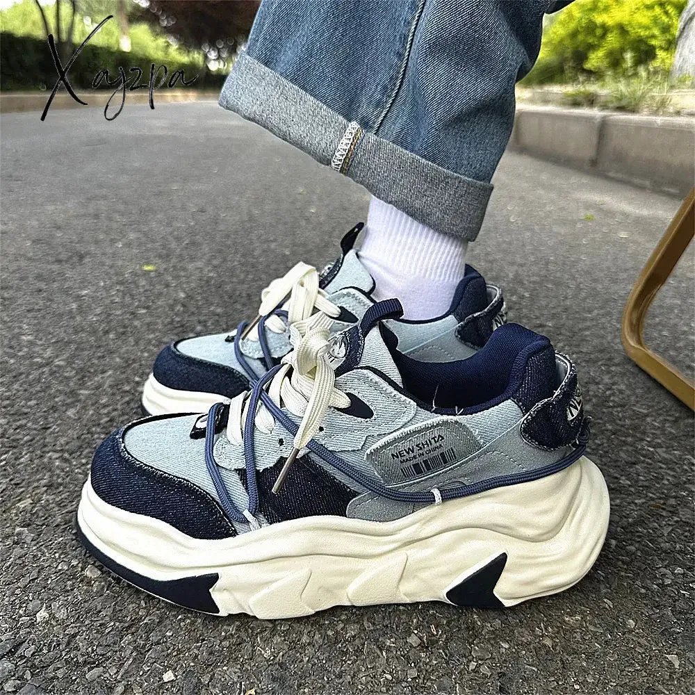 Trendy Denim Mens Sneakers Platform Student Breathable Casual Womens Chunky Shoes Designer Outdoor Couple Luxury Male Footwear