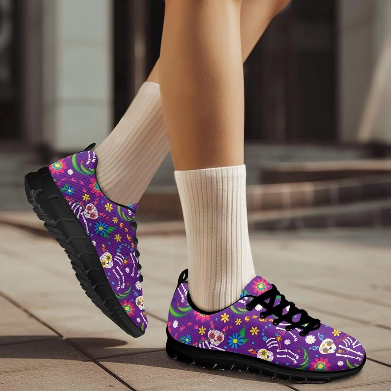 Womens Walking Shoes Non Slip Gym Workout Sneakers Popular Lace-Up Lightweight Comfort Cushion Shoes for Outdoor Size 5-12 Black Sole